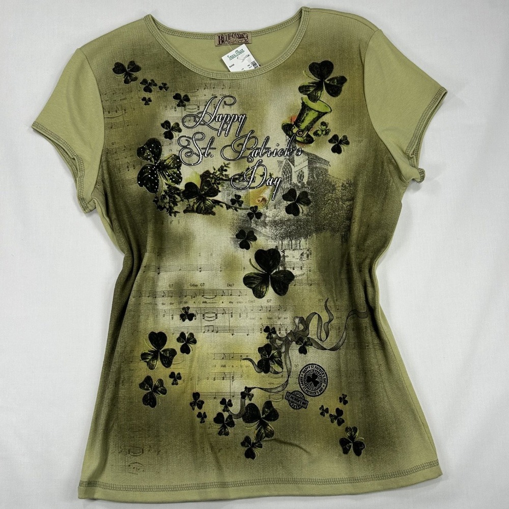 Blue Canyon VTG Y2K Deadstock Short Sleeve Tee XL Green Shamrock Rhinestone NWT